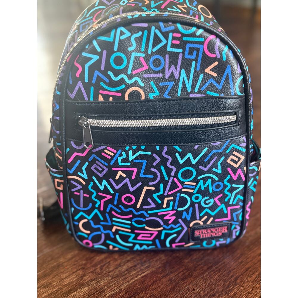 Netflix Stranger Things Mini Backpack Purse Black Multicolor Doodle Logo Print